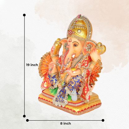 19 Inch – Vibrant Maharaja Ganesha Idol | Eco-Friendly Shadu Mitti Ganpati with Modak & Kalash | Blue & Orange Attire