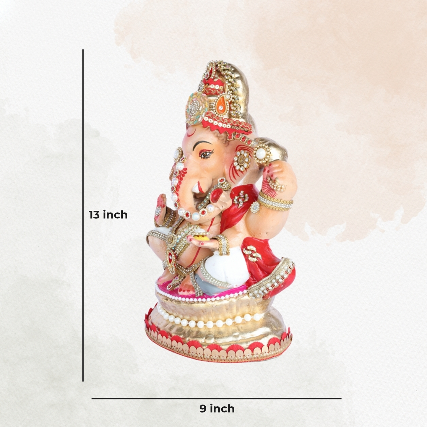 13 Inch – Blessing Pose Ganesha Idol in Red & White Attire | Shadu Mitti Clay Murti with Golden Crown & Pearl Stone Work