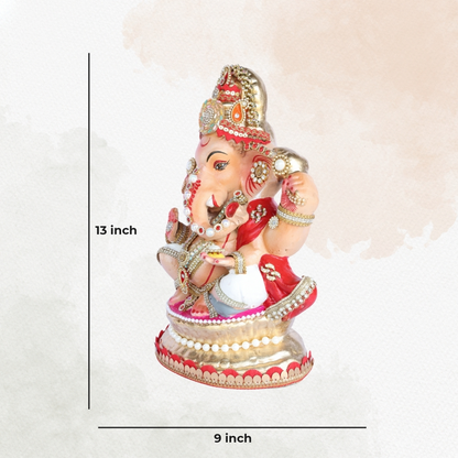 13 Inch – Blessing Pose Ganesha Idol in Red & White Attire | Shadu Mitti Clay Murti with Golden Crown & Pearl Stone Work