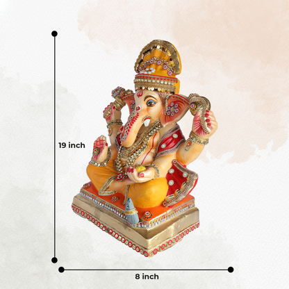 19 Inch – Divine Seated Ganesha Idol in Orange & Red Attire – Shadu Mitti Clay Murti with Golden Crown & Stone Embellishments