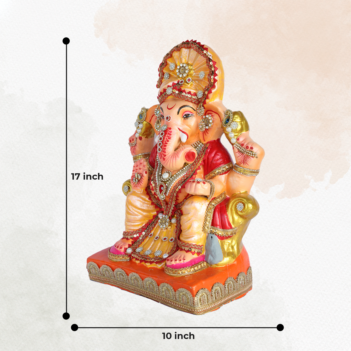 17 Inch – Royal Seated Ganesha Idol in Orange-Yellow Attire | Shadu Mitti Clay Murti with Fan Crown & Kundan Embellishments