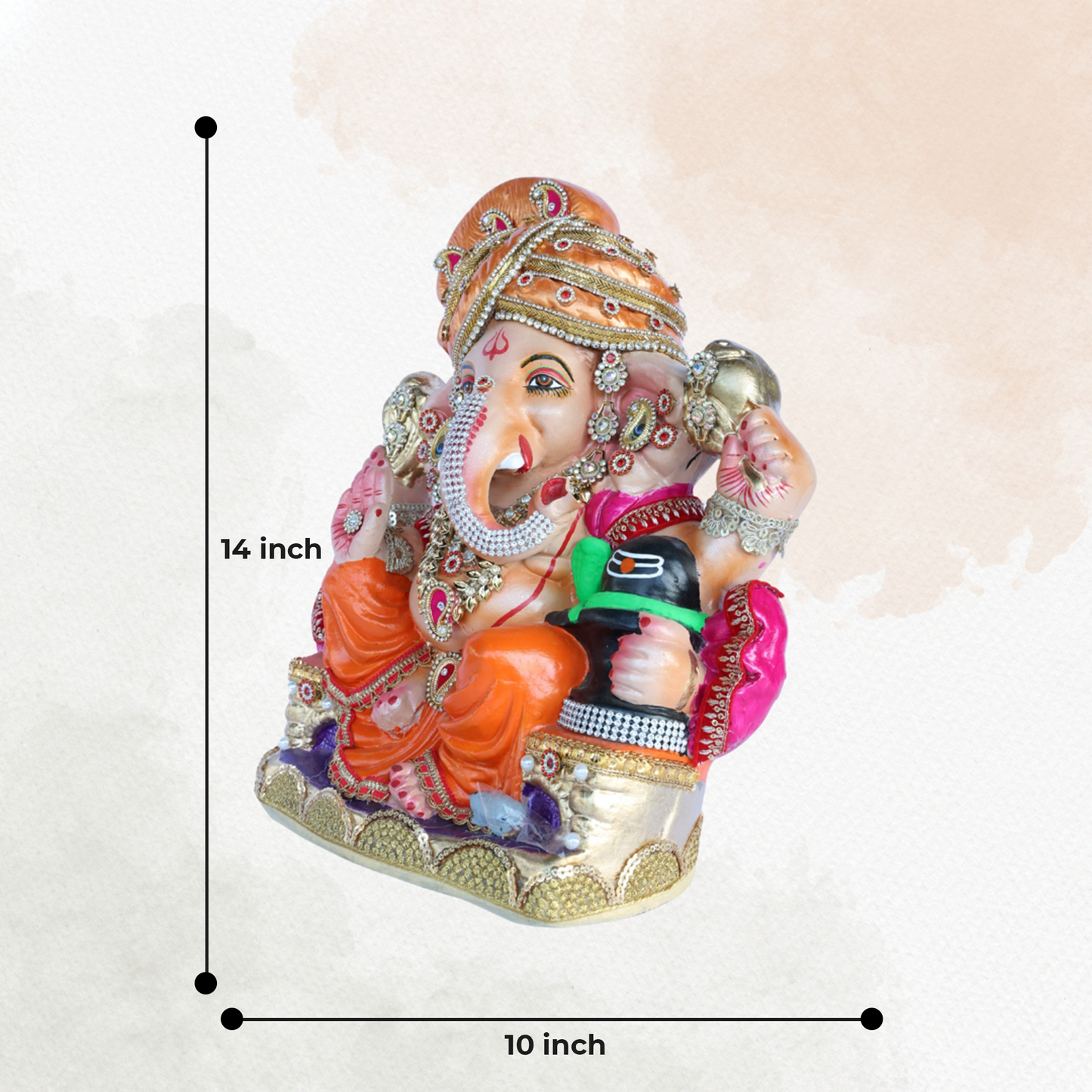 14 Inch – Divine Ganesha Idol in Orange Attire | Shadu Mitti Clay Murti with Gold Pagdi & Shivling | Eco-Friendly & Visarjan-Friendly
