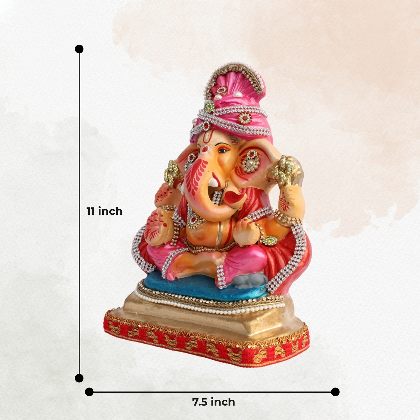 11 Inch – Seated Ganesha Idol in Elegant Pink Attire | Eco-Friendly Shadu Mitti Murti with Ornate Stone & Pearl Work
