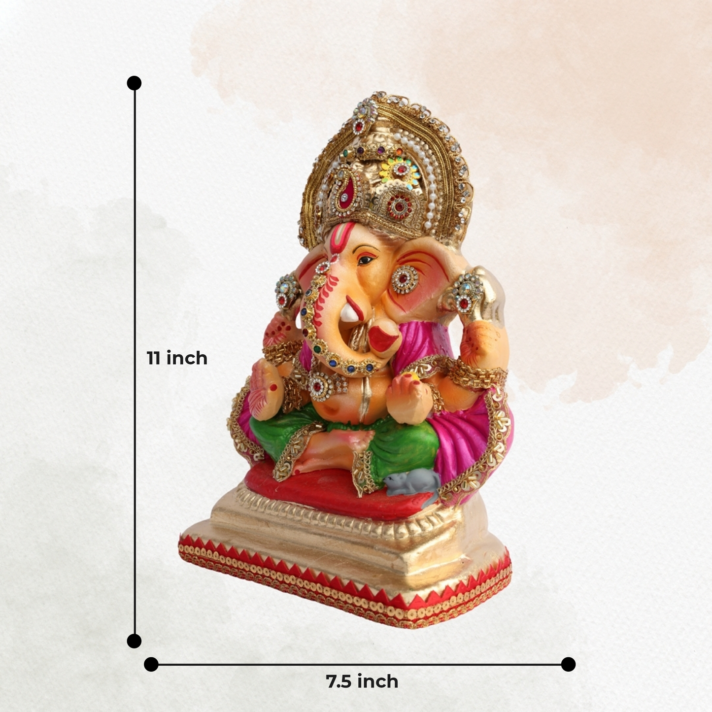 11 Inch – Traditional Ganesha Idol in Magenta & Green Attire | Shadu Mitti Murti with Kundan Crown & Ornamental Detailing