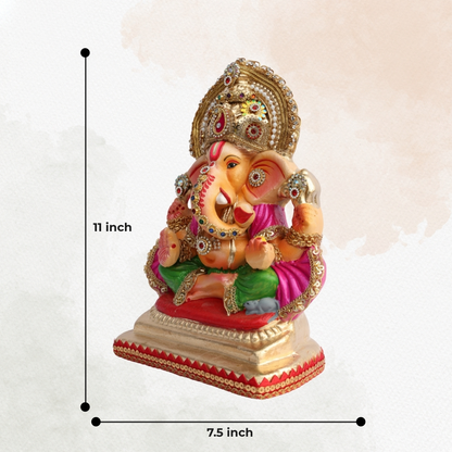 11 Inch – Traditional Ganesha Idol in Magenta & Green Attire | Shadu Mitti Murti with Kundan Crown & Ornamental Detailing