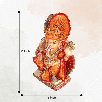 19 Inch – Traditional Orange Attired Ganesha Idol – Shadu Mitti Clay Murti with Floral Pagdi & Designer Fan