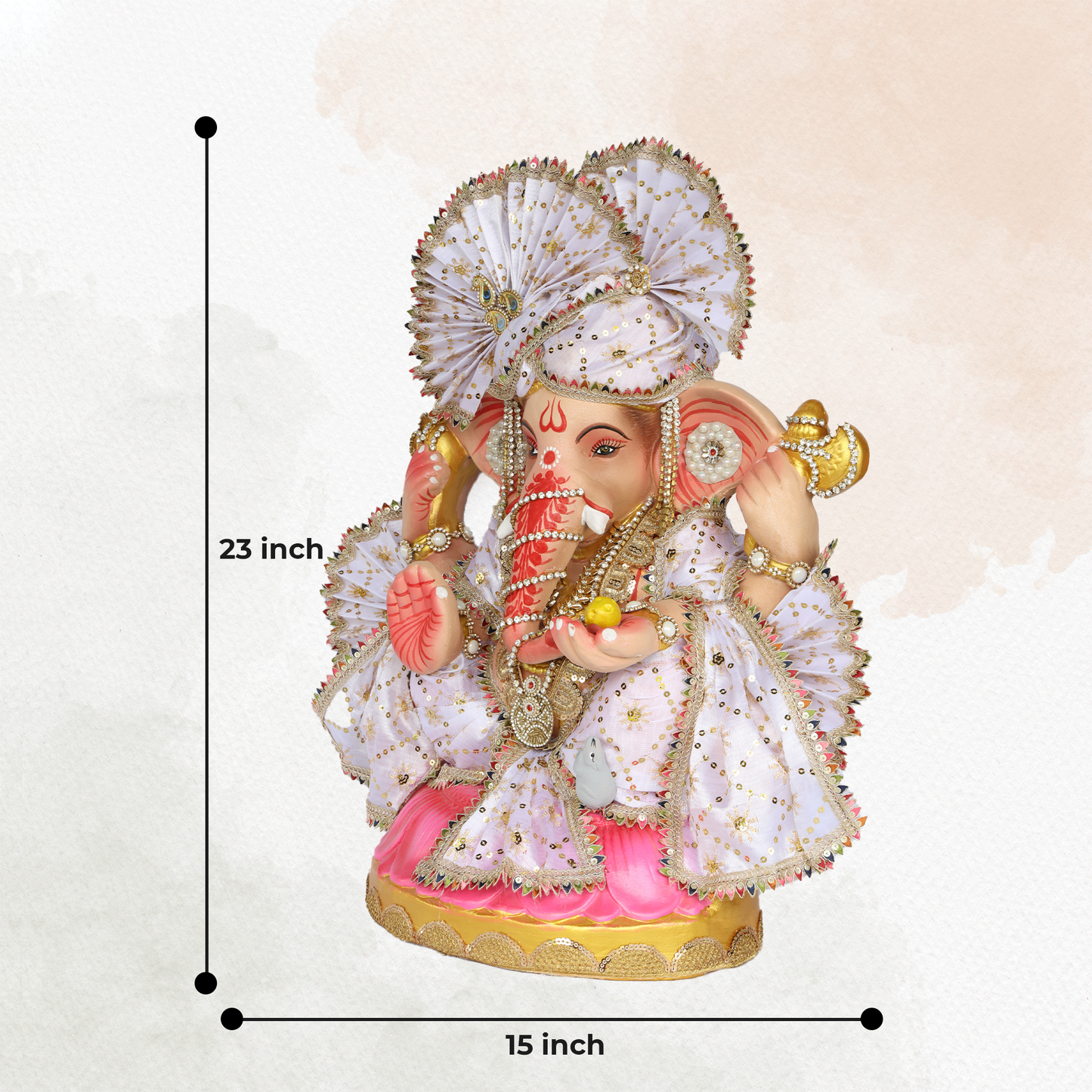 23 Inch – Royal Seated Ganesha Idol in White Attire | Eco-Friendly Shadu Mitti Murti with Designer Pagdi & Beadwork