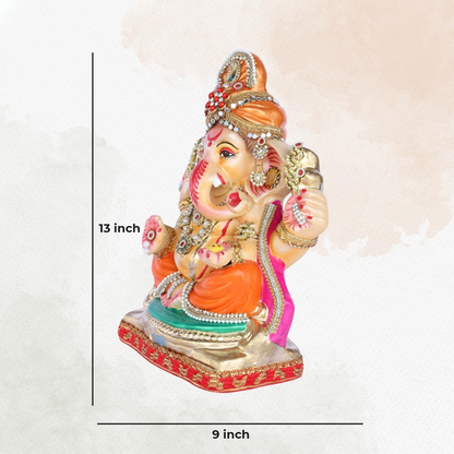 13 Inch – Traditional Orange & Green Ganesha Idol | Eco-Friendly Clay | Stone-Studded Crown & Ornaments