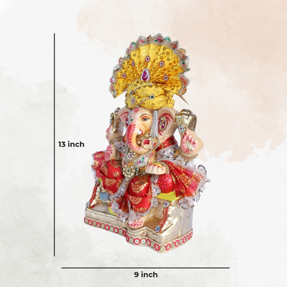 13 Inch – Majestic Yellow-Pagdi Shadu Mitti Ganesha Idol with Red Zari Attire & Pearl-Studded Crown