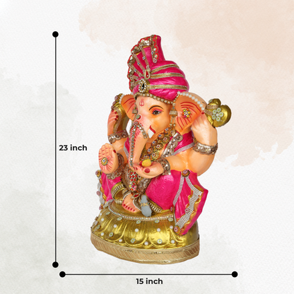 23 Inch – Royal Pink Ganesha Idol | Shadu Mitti Eco-Friendly Murti with Golden Base & Crown Pagdi