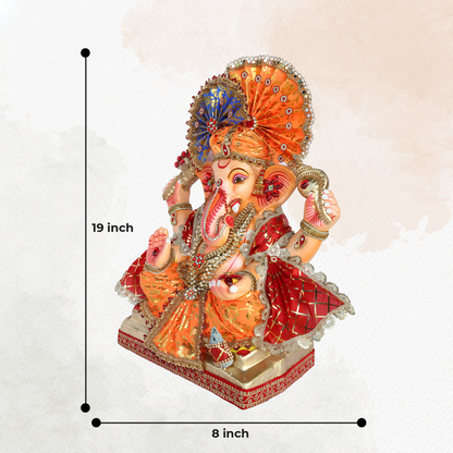 19 Inch – Grand Red & Orange Ganesha Idol with Designer Fan Crown | Shadu Mitti Eco-Friendly Murti with Modak