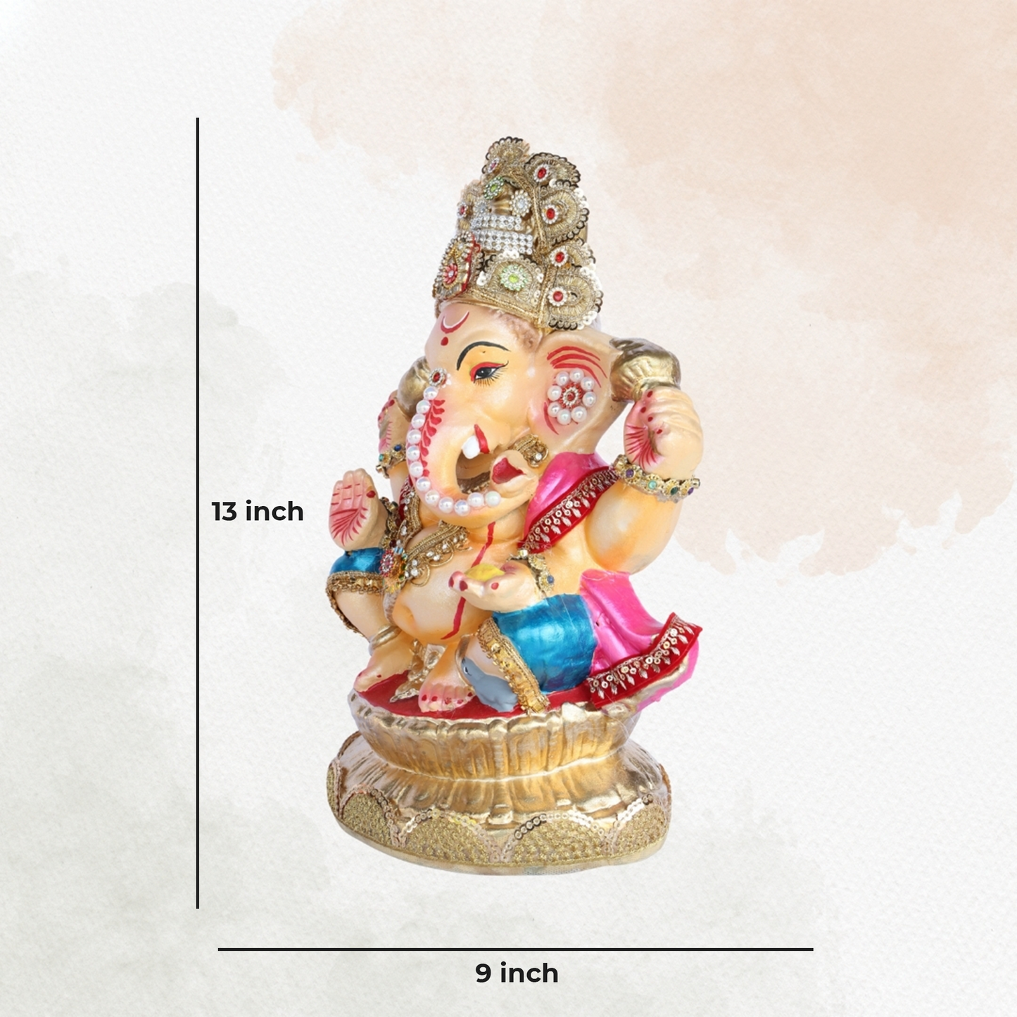 13 Inch – Regal Seated Ganesha Idol in Pink & Blue Attire – Shadu Mitti Clay Murti with Golden Crown & Stone Work