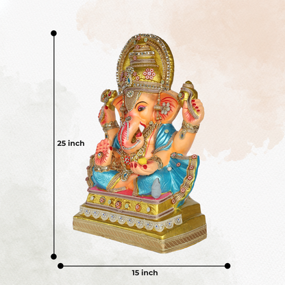 25 Inch – Radiant Ganesha Idol in Blue-Gold Attire | Eco-Friendly Shadu Mitti Murti with Ornate Crown & Modak Pose