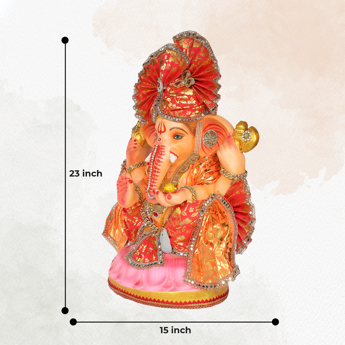 23 Inch – Traditional Orange Ganesha Idol | Shadu Mitti Eco-Friendly Murti with Red Pagdi & Pink Lotus Base