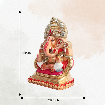 11 Inch – Royal Seated Ganesha Idol in White Dhoti | Shadu Mitti Clay Murti with Golden Crown & Red Pearl Detailing