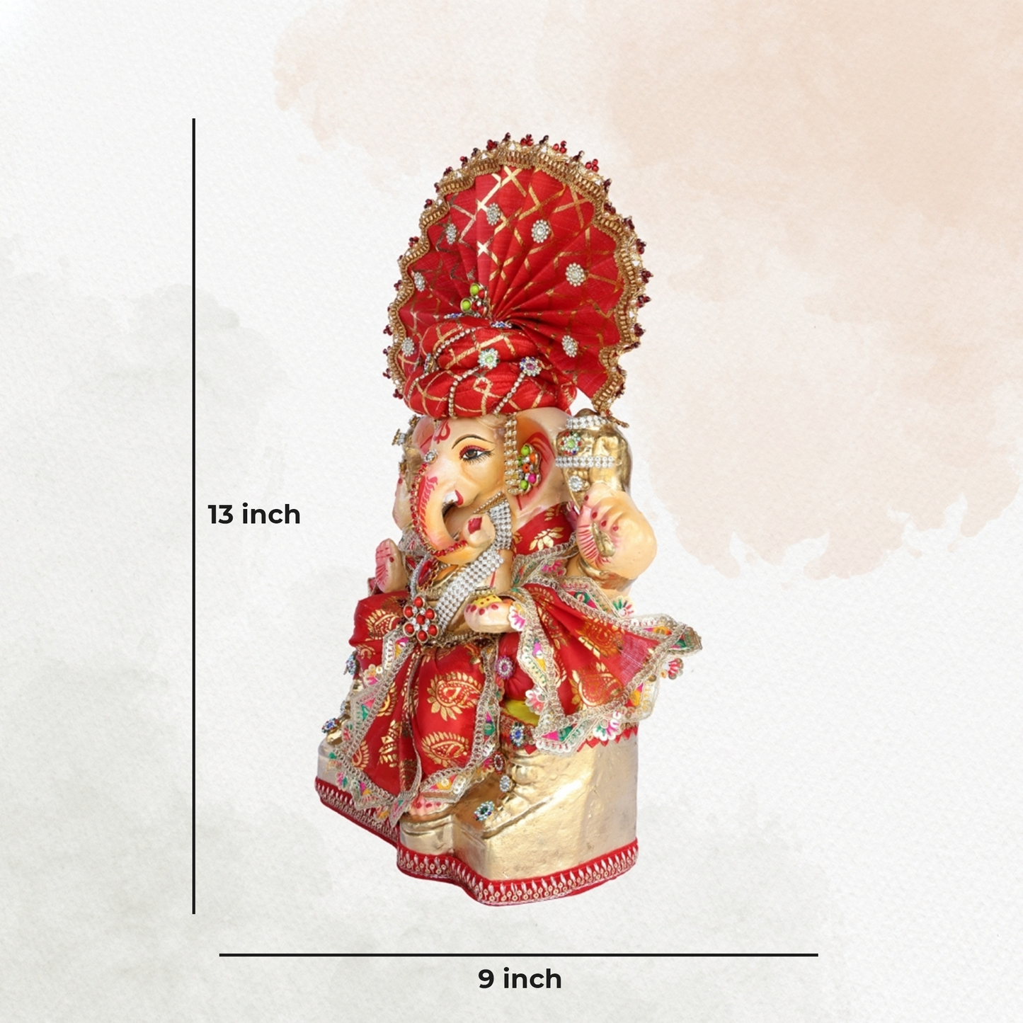 13 Inch – Royal Red Pagdi Ganesha Idol in Traditional Brocade Attire | Eco-Friendly Shadu Mitti Murti