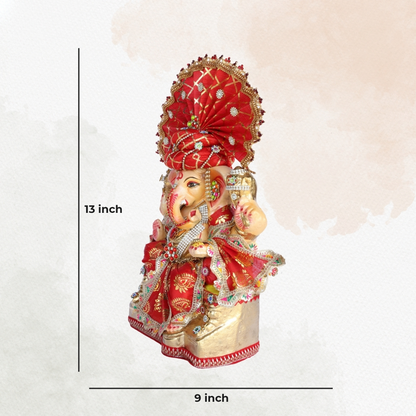 13 Inch – Royal Red Pagdi Ganesha Idol in Traditional Brocade Attire | Eco-Friendly Shadu Mitti Murti
