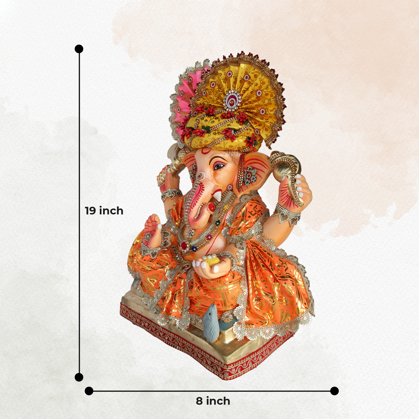 19 Inch – Royal Ganesha Idol in Traditional Orange Dress | Shadu Mitti Murti with Decorative Turban & Back Halo
