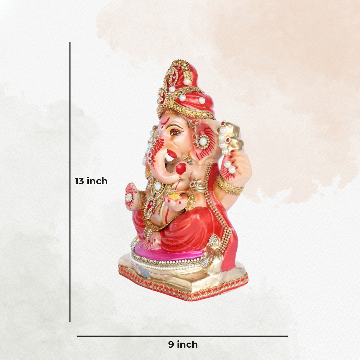 13 Inch – Traditional Sitting Ganesha Idol in Red Shadu Mitti with Golden Crown & Pearl Stone Adornments
