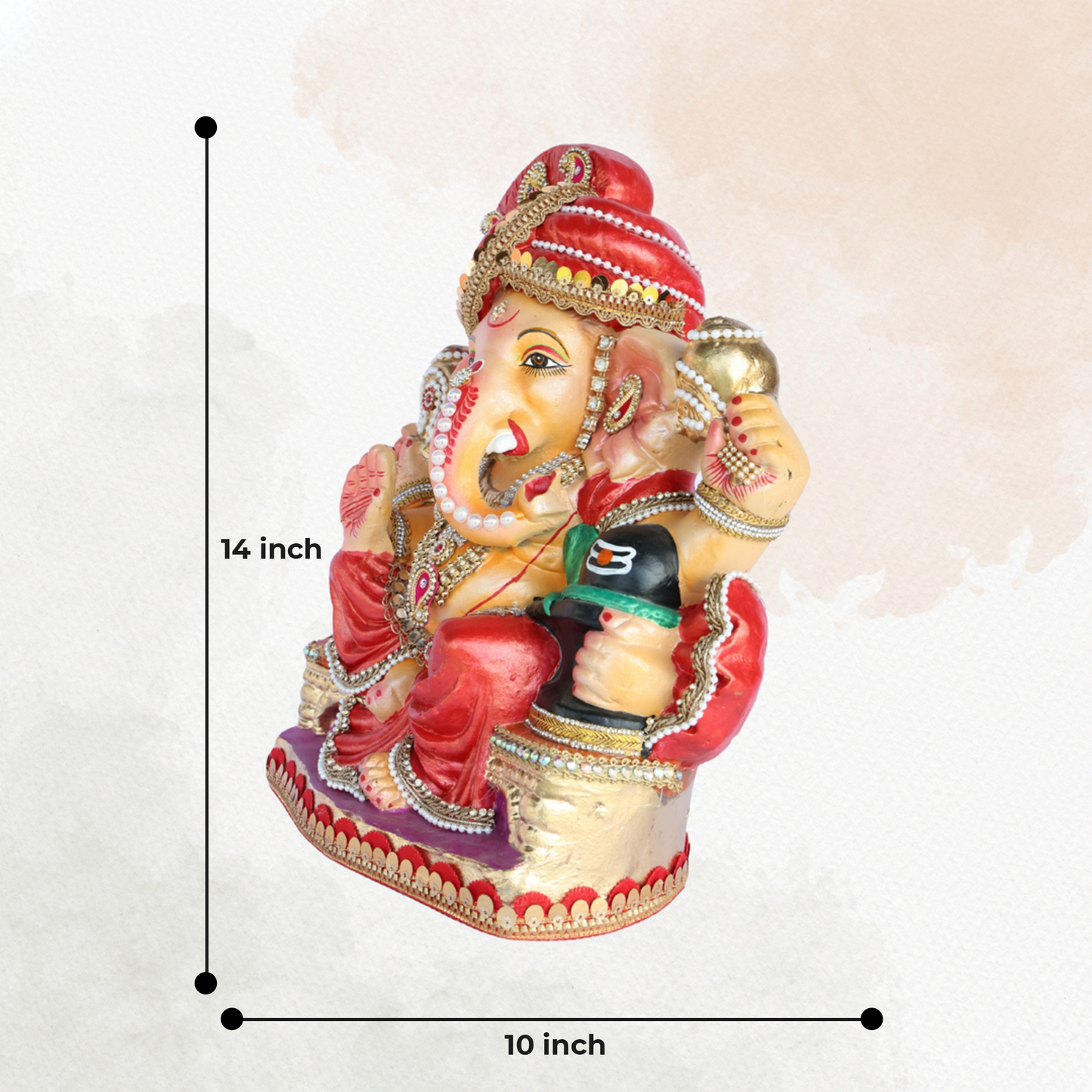 14 Inch – Divine Ganesha Idol with Shivling | Red Attire & Pagdi | Handcrafted Eco-Friendly Shadu Mitti Murti