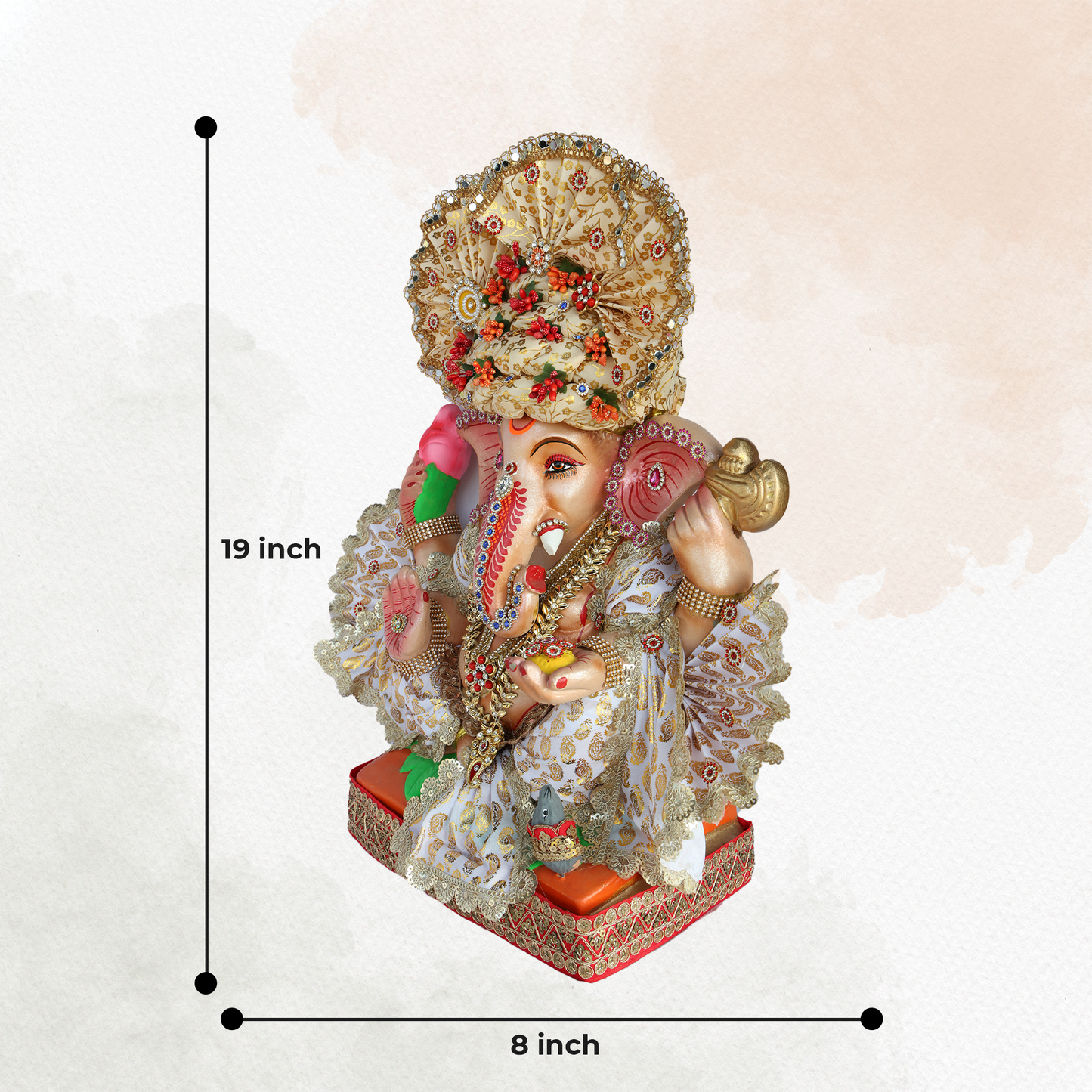 19 Inch – Royal White Attire Ganesha Idol with Floral Crown | Shadu Mitti Eco-Friendly Murti Holding Lotus & Laddoo