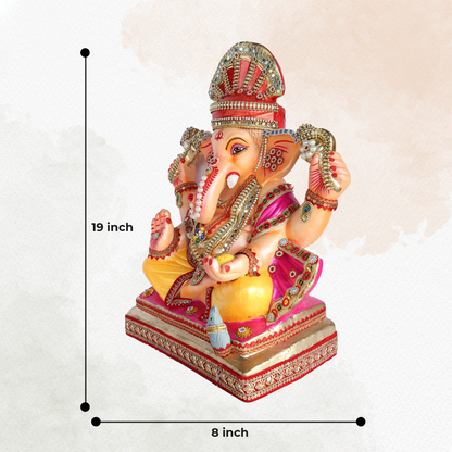 19 Inch – Elegant Seated Ganesha Idol in Yellow Attire –  Shadu Mitti Clay Murti with Red Pagdi & Pearl Stone Work
