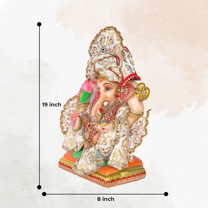 19 Inch – Elegant White Ganesha Idol | Eco-Friendly Shadu Mitti Ganpati with Lotus & Modak | Designer Maharashtrian Style