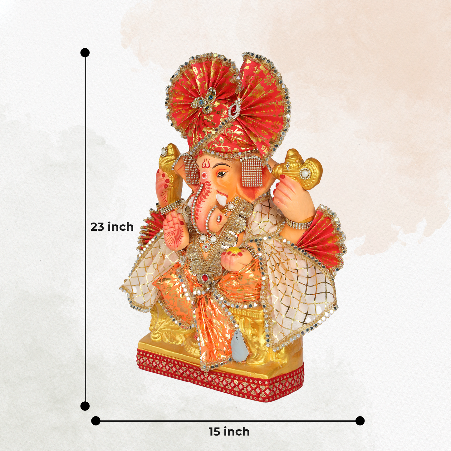 23 Inch – Designer Ganesha Idol in Orange-Cream Attire | Shadu Mitti Murti with Fan Pagdi