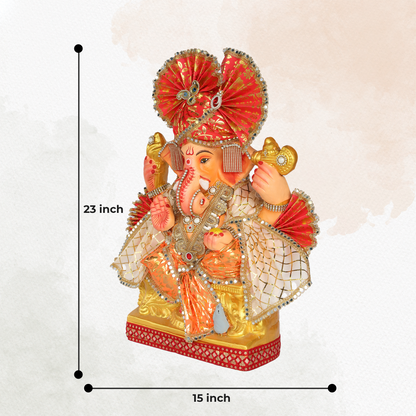 23 Inch – Designer Ganesha Idol in Orange-Cream Attire | Shadu Mitti Murti with Fan Pagdi