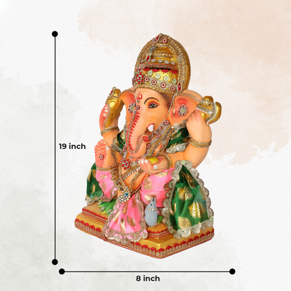 19 Inch – Royal Pink & Green Ganesha Idol | Eco-Friendly Shadu Mitti Ganpati Murti with Crown & Kalash