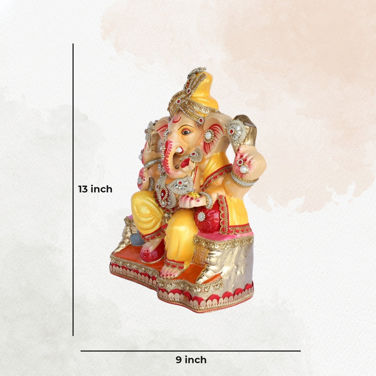 13 Inch – Royal Seated Ganesha Idol in Yellow Dhoti | Shadu Mitti Clay Murti with Bejeweled Golden Pagdi & Red Throne Base
