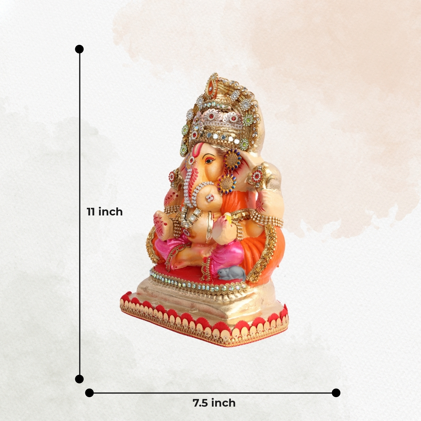 11 Inch – Ganesha Idol in Pink-Orange Attire with Grand Golden Crown | Eco-Friendly Shadu Mitti Ganpati Murti with Sparkling Detailing & Classic Seated Pose