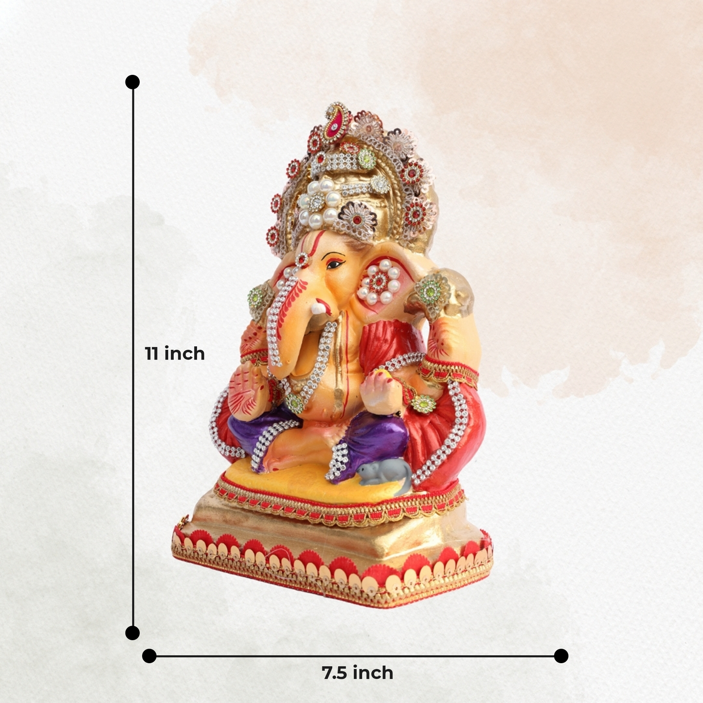 11 Inch – Ganesha Idol in Royal Purple Dhoti with Golden Crown | Shadu Mitti Clay Murti with Pearl Motif & Red Drapes