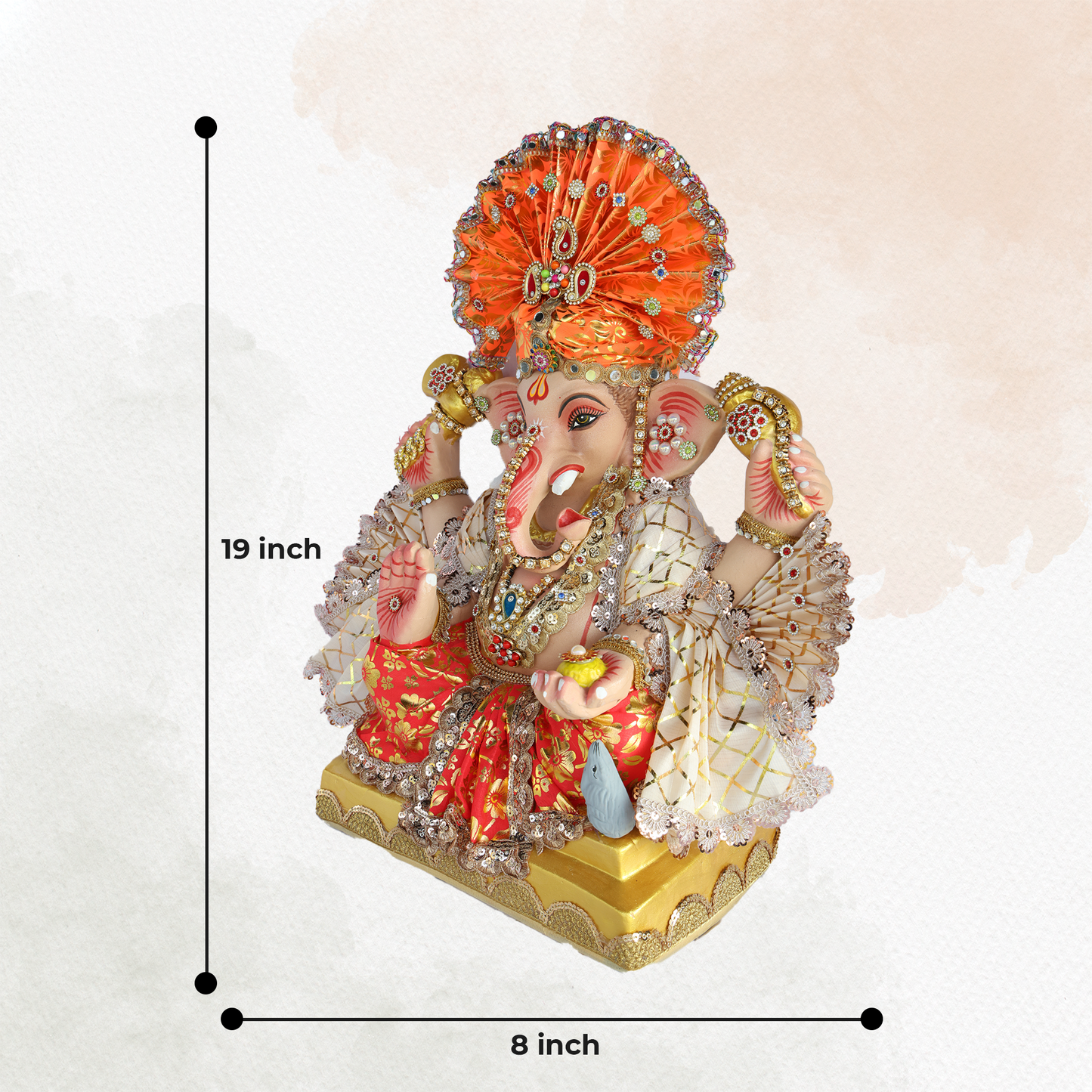 19 Inch – Majestic Seated Ganesha Idol in Red & White Attire – Shadu Mitti Clay Murti with Designer Orange Mukut & Fan Crown