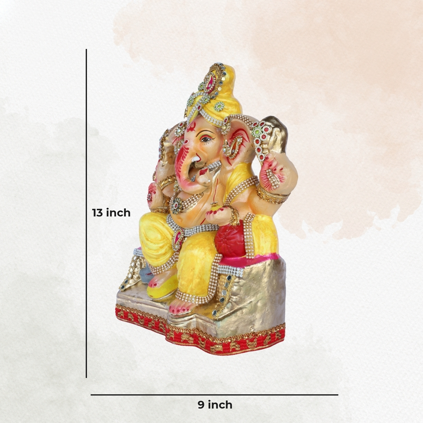 13 Inch – Eco-Friendly Shadu Mitti Lord Ganesha Idol| Yellow Attire with Kundan & Pearl Work
