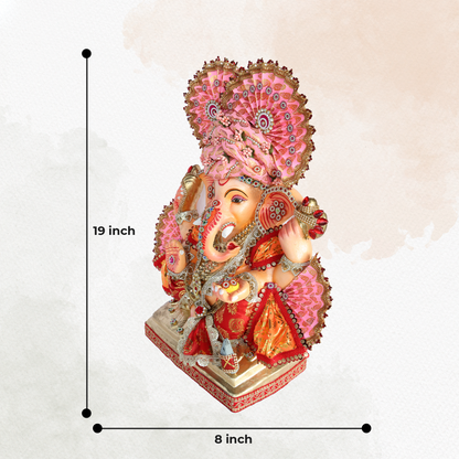 19 Inch – Designer Pink & Red Ganesha Idol | Eco-Friendly Shadu Mitti Murti with Modak and Crown Fan