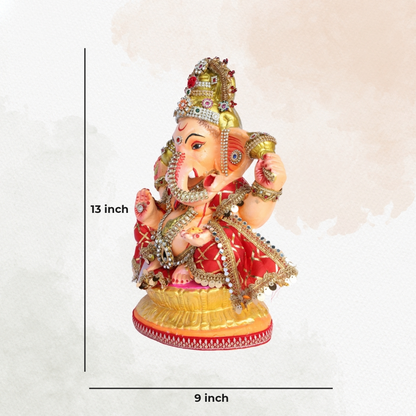 13 Inch – Royal Red Gold Ganesha Idol | Eco-Friendly Clay Murti with Embellished Crown & Velvet Drape