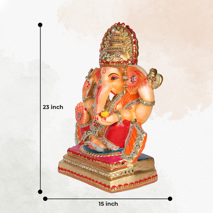 23 Inch –  Royal Seated Ganesha Idol in Orange Attire | Shadu Mitti Eco-Friendly Murti with Decorative Golden Crown & Stone Work