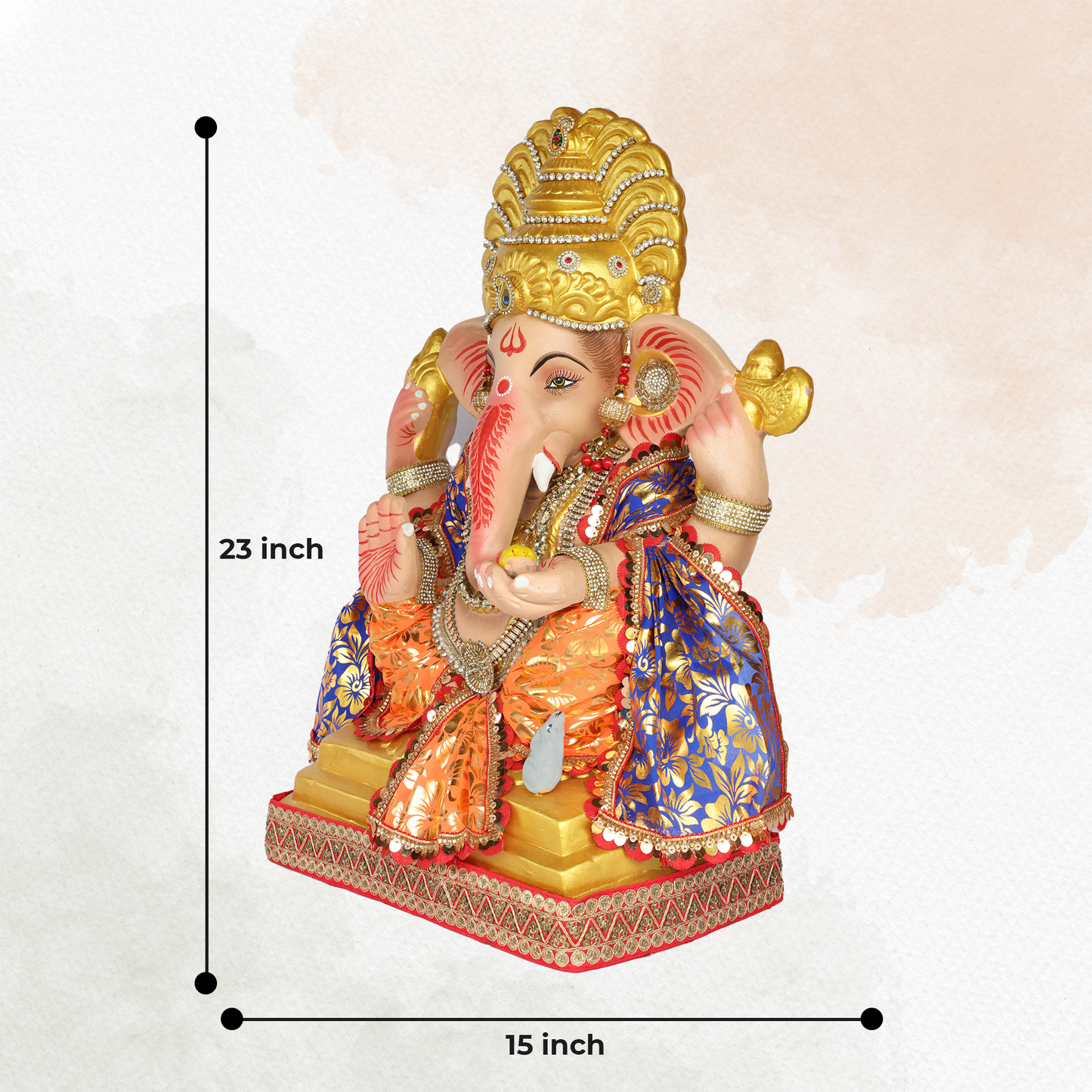 23 Inch – Elegant Seated Ganpati Idol in Orange & Blue Attire | Shadu Mitti Eco-Friendly Murti with Golden Crown & Traditional Floral Dupatta