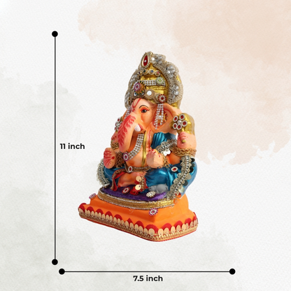 11 Inch – Royal Blue Ganesha Idol with Stone Studded Crown | Shadu Mitti Eco-Friendly Murti in Orange Base