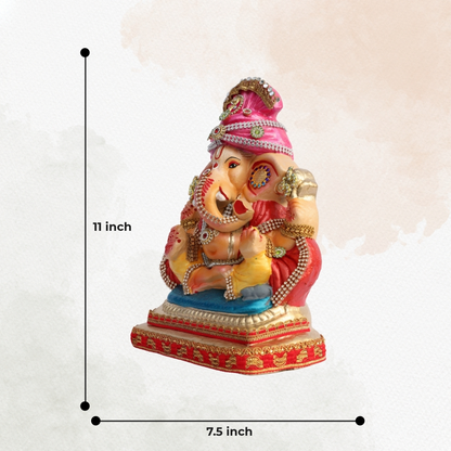 11 Inch – Traditional Ganesh Idol in Yellow Attire | Clay Murti with Mirror Pagdi & Blessing Mudra