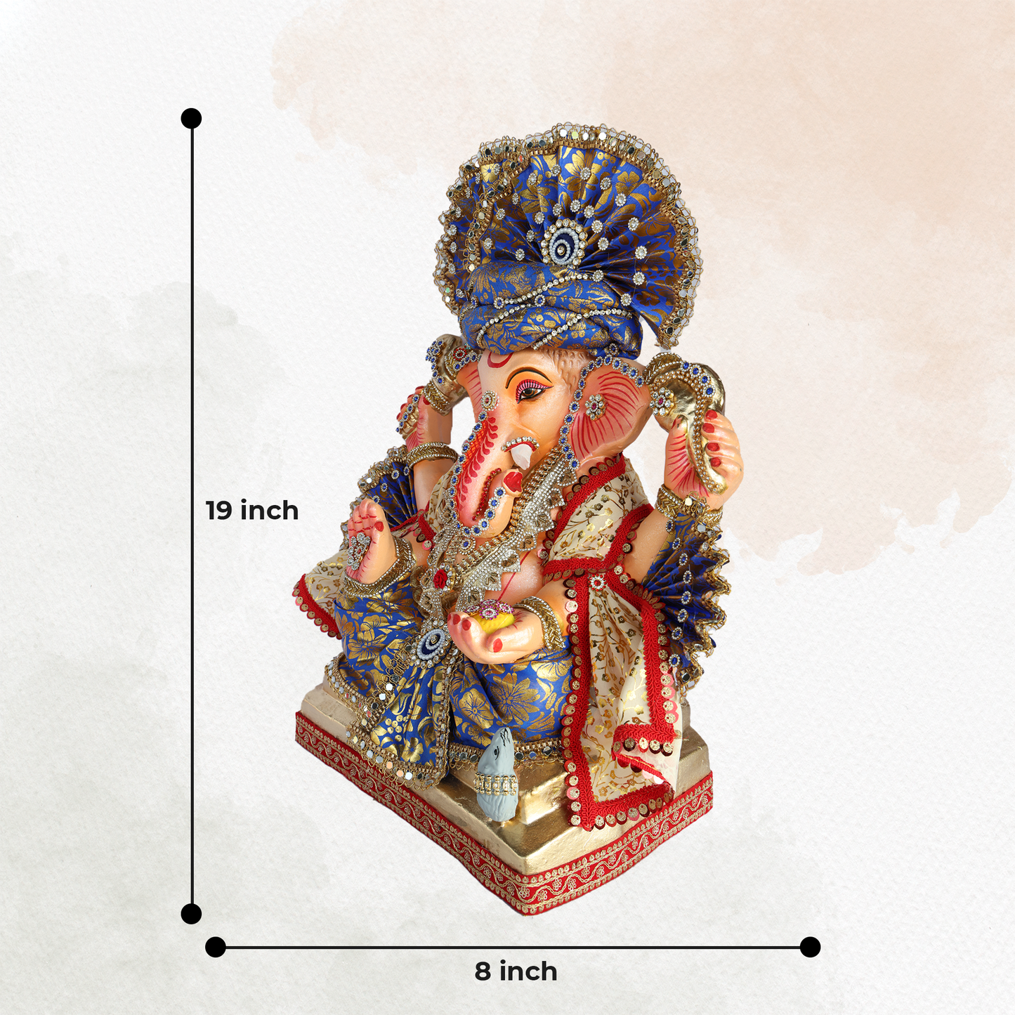 19 Inch – Royal Seated Ganesha Idol in Blue Brocade Attire – Shadu Mitti Clay Murti with Designer Pagdi & Kundan Work