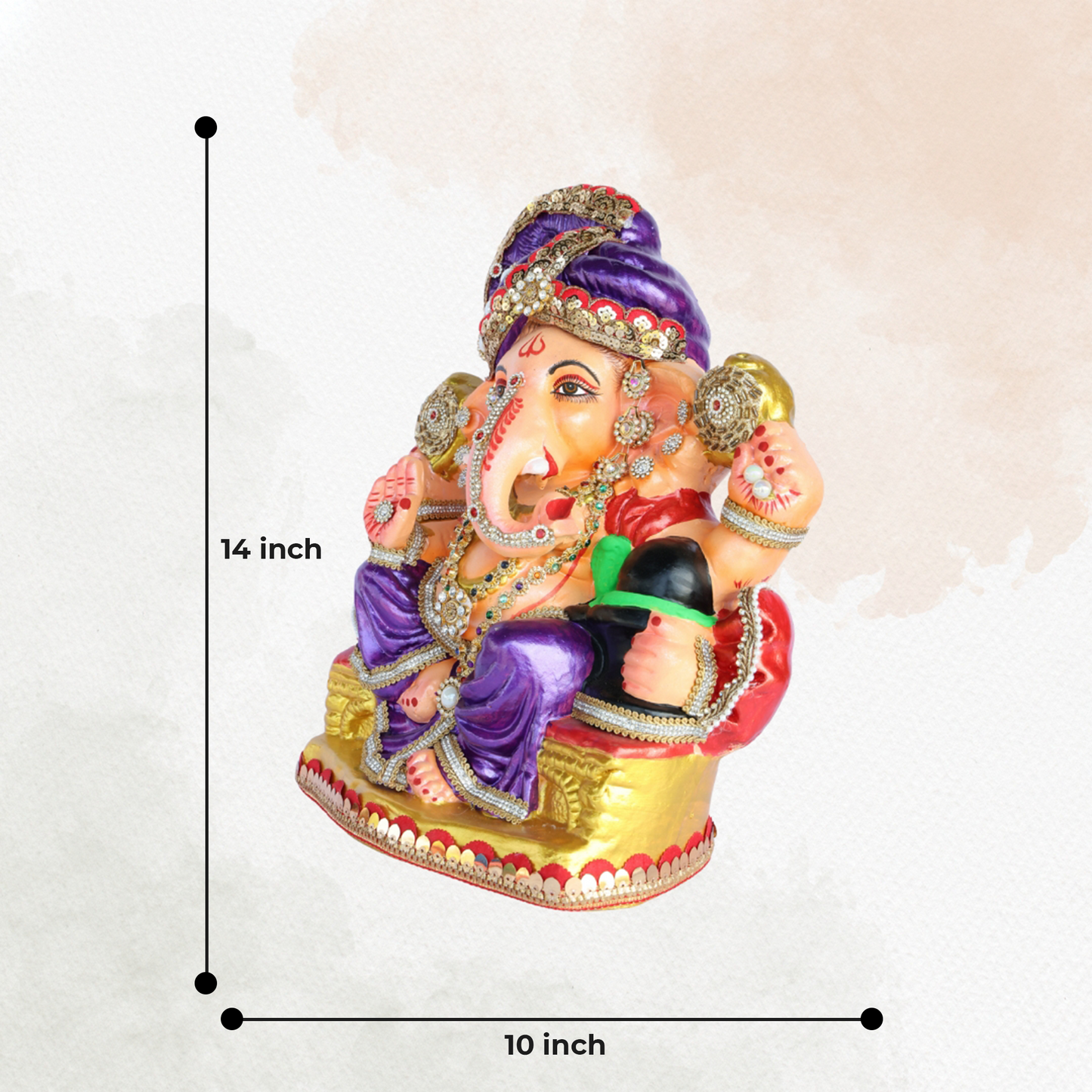 14 Inch – Majestic Seated Ganesha Idol in Royal Purple Attire | Shadu Mitti Clay Murti with Purple Pagdi, Shivling & Mirror Stone Detailing