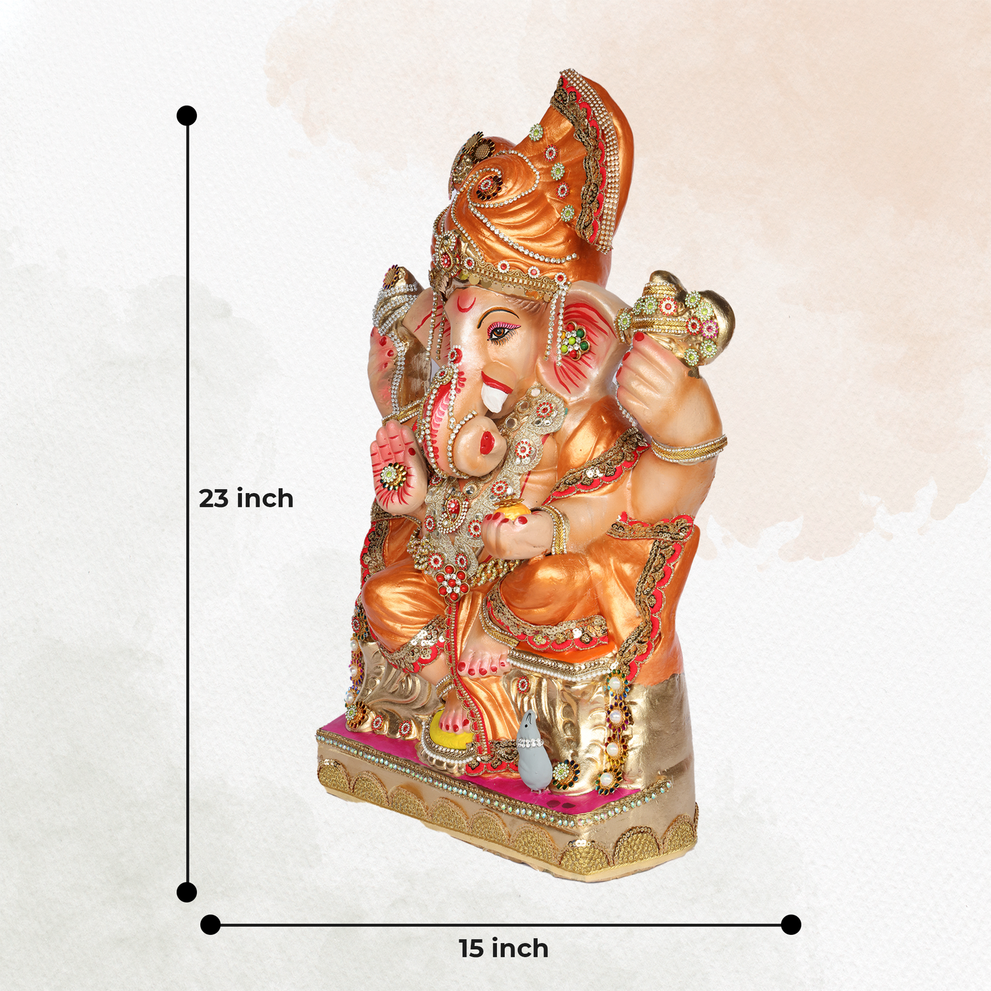 23 Inch –  Copper Orange Ganesha Idol | Eco-Friendly Shadu Murti with Designer Crown & Rectangular Base