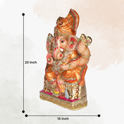 23 Inch –  Copper Orange Ganesha Idol | Eco-Friendly Shadu Murti with Designer Crown & Rectangular Base