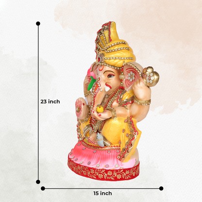 23 Inch – Majestic Seated Ganesha Idol in Yellow Attire | Shadu Mitti Eco-Friendly Murti with Fan-Style Pagdi & Red-Gold Detailing