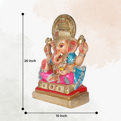 25 Inch – Majestic Ganesha Idol in Blue & Pink Attire | Shadu Mitti Clay Murti with Ornate Golden Crown & Blessing Pose