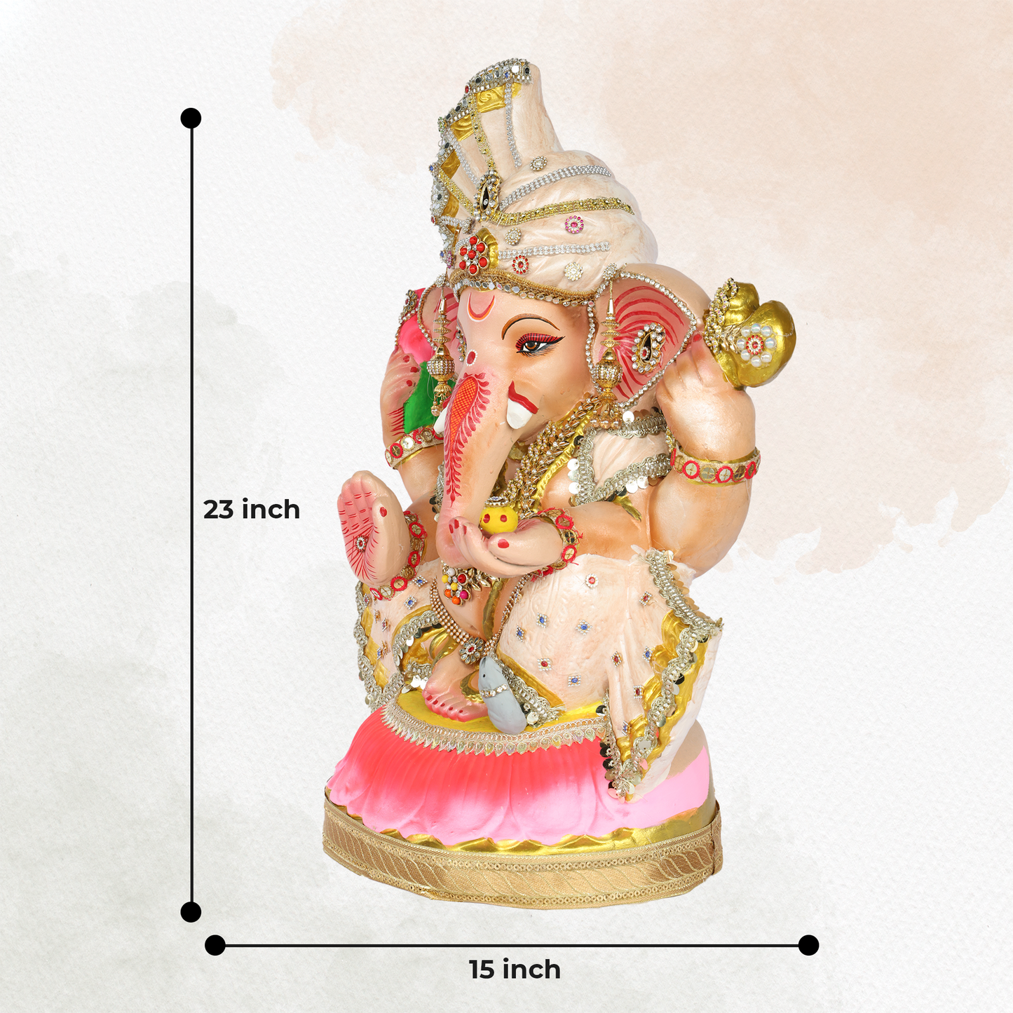23 Inch – Elegant Seated Ganesha Idol in Cream & Pink Attire | Shadu Mitti Eco-Friendly Murti with Fan-Style Crown & Stone Embellishments