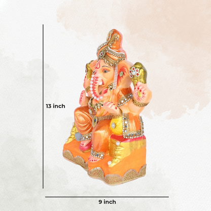 13 Inch – Traditional Orange Ganesha Idol | Decorated with Stones & Crown | Eco-Friendly Clay Murti