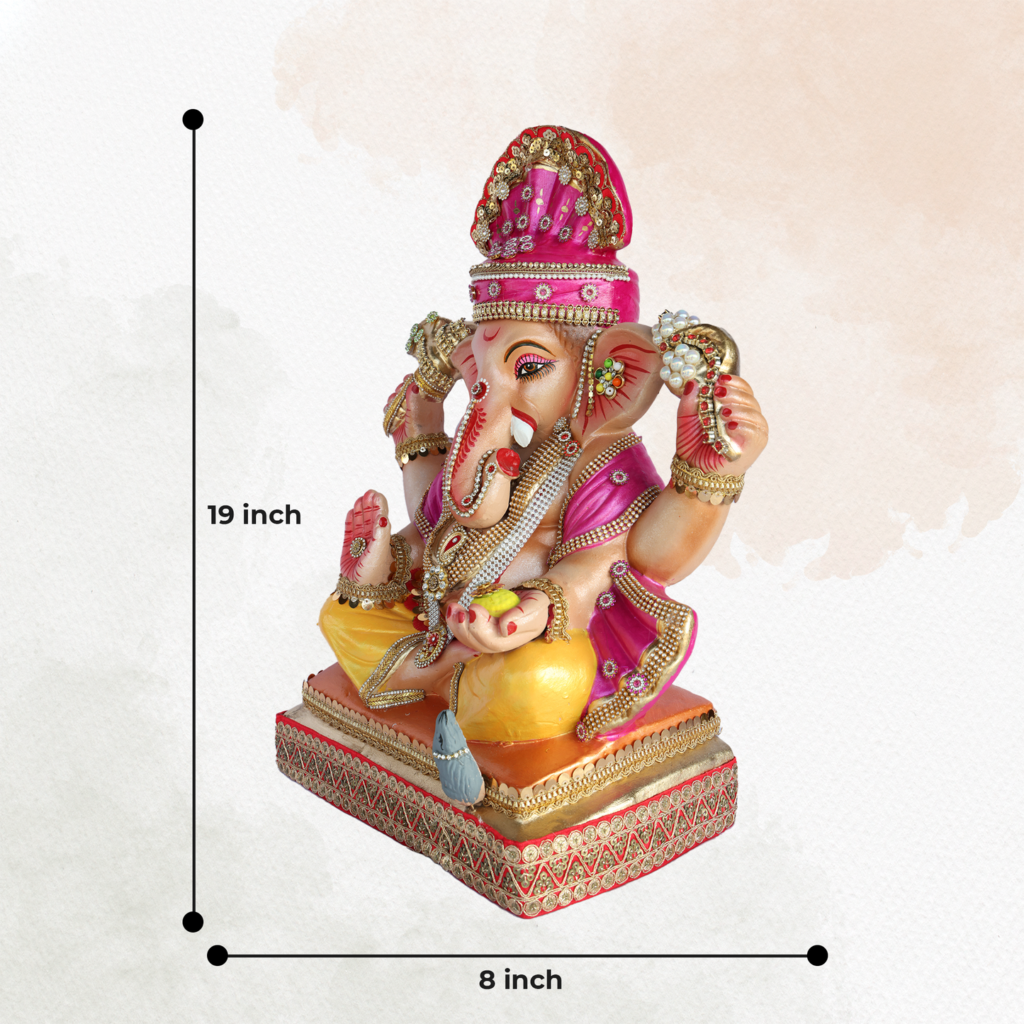 19 Inch – Majestic Seated Ganesha Idol in Yellow-Purple Attire | Shadu Mitti Eco Clay Murti with Crown & Modak Pose